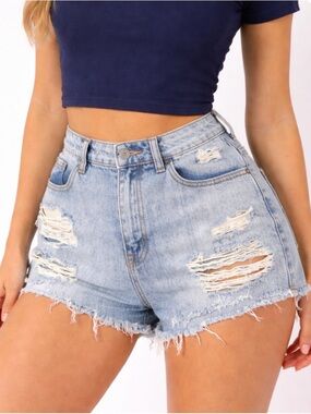 BDG Light Blue Distressed High-Rise Dree Cheeky Denim Shorts